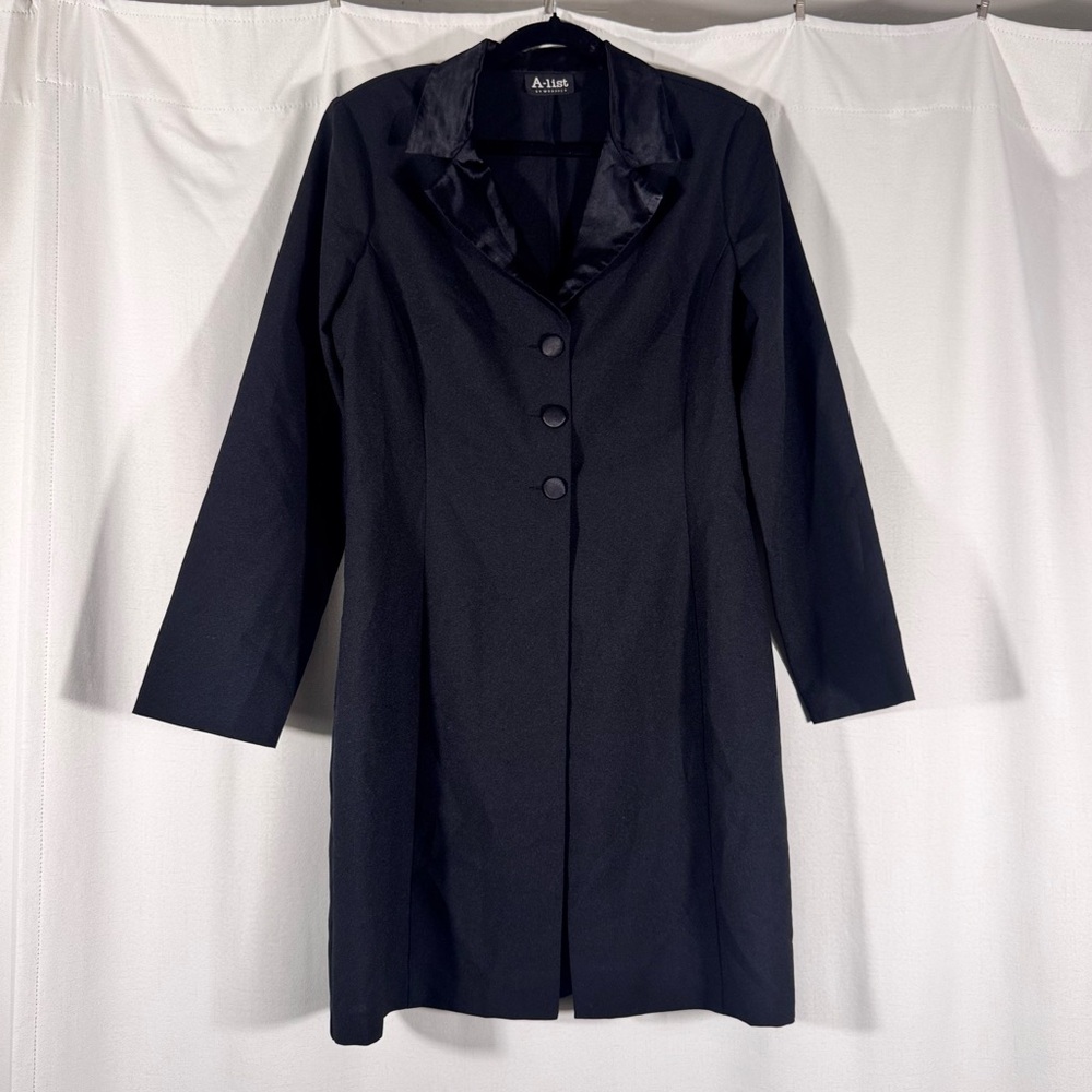 A-List by Wrapper Vintage Black Satin Collar Midi Coat